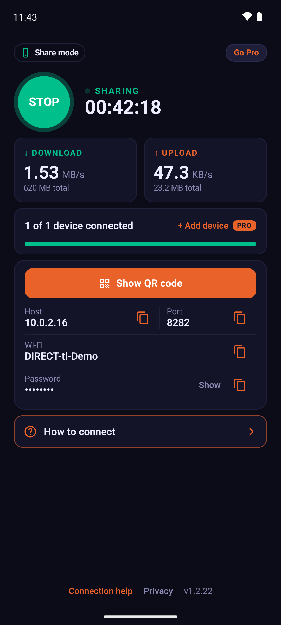 Tether Link Utility running on Android: live download and upload speed, session stats, 1 device connected and SOCKS5 host and port